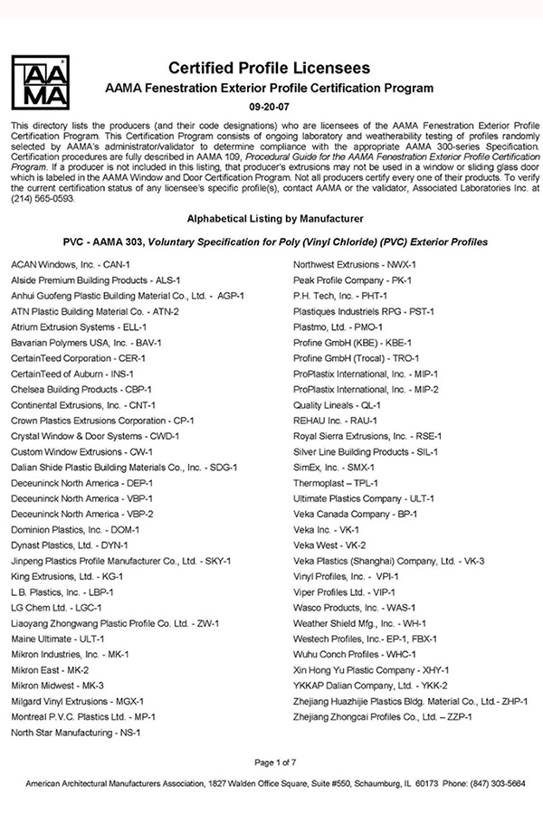 PVC AAMA Certification PVC AAMA Certification